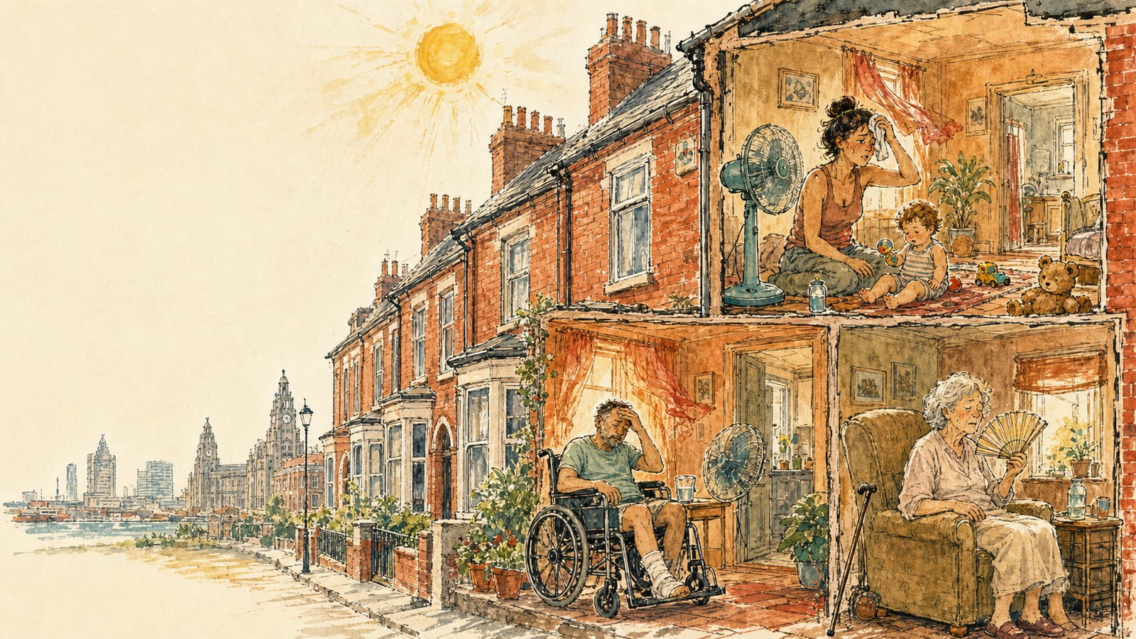 Watercolour illustration of overheated Liverpool terraced homes, showing a parent with a toddler, a disabled resident and an older resident trying to keep cool.