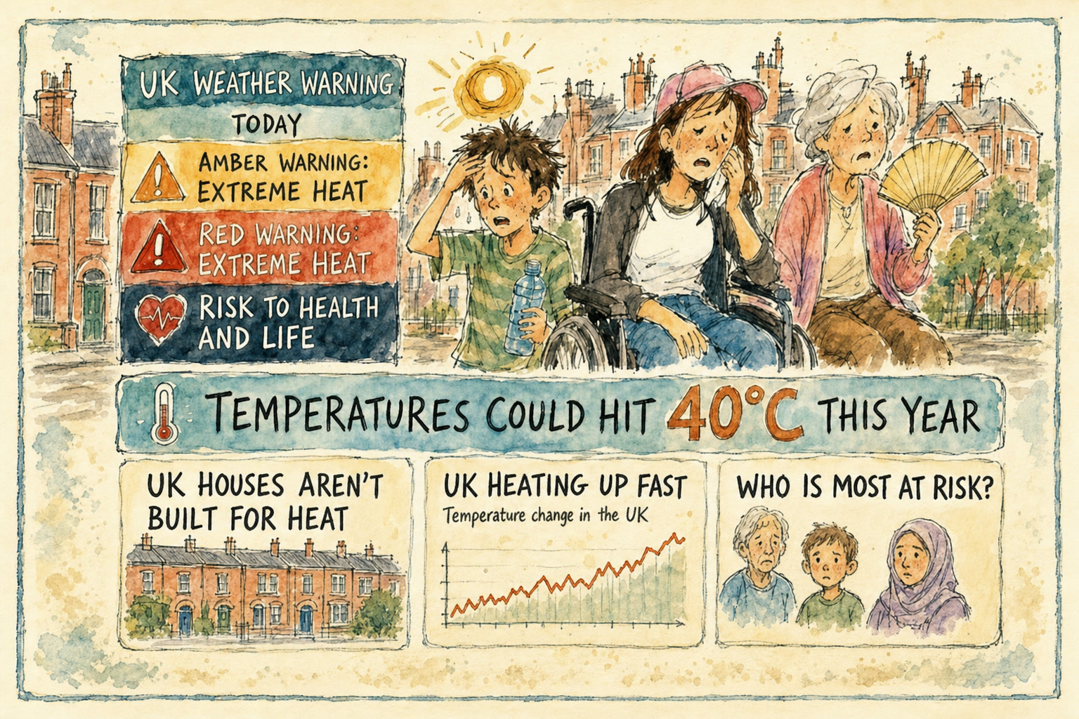 Illustrated petition artwork showing amber and red extreme-heat warnings, the words ‘Temperatures could hit 40°C this year’, Liverpool terraced homes, and people at higher risk including a child, a wheelchair user and an older person.