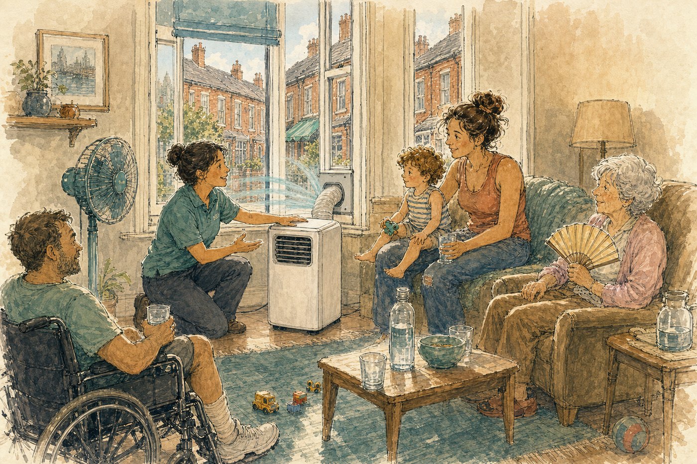 Watercolour illustration of a support worker demonstrating a safely vented portable cooling unit to a Liverpool household.